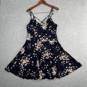 Fortune Ivy Floral Skater Dress XL Navy Blue Criss Cross Back Fit & Flare Mini